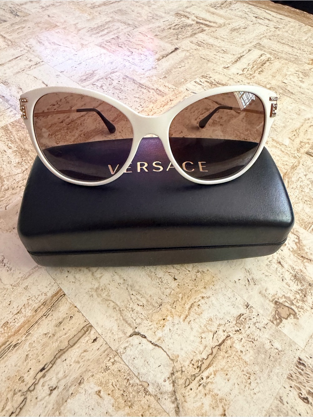 Versace White Cat-Eye Sunglasses with Brown Lenses and Gold Accents